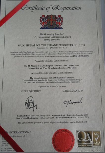 Porcellana Wuxi Jiunai Polyurethane Products Co., Ltd Certificazioni
